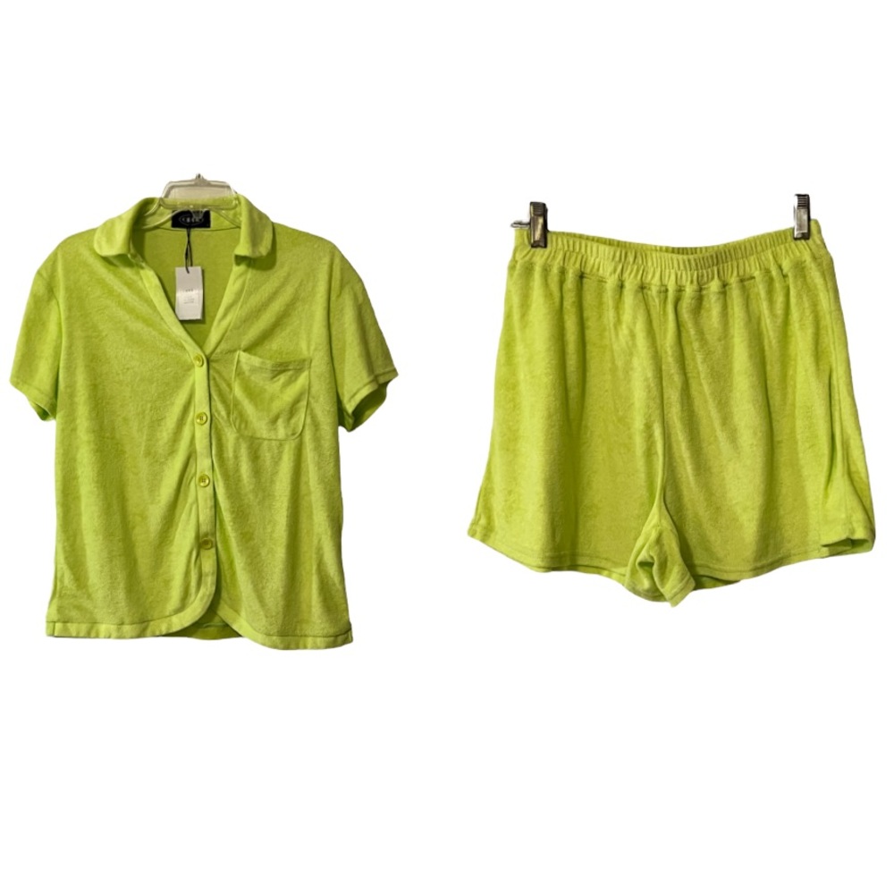 Cider Neon Green 90’s Style Terry Cloth Set Shirt Top & Shorts L